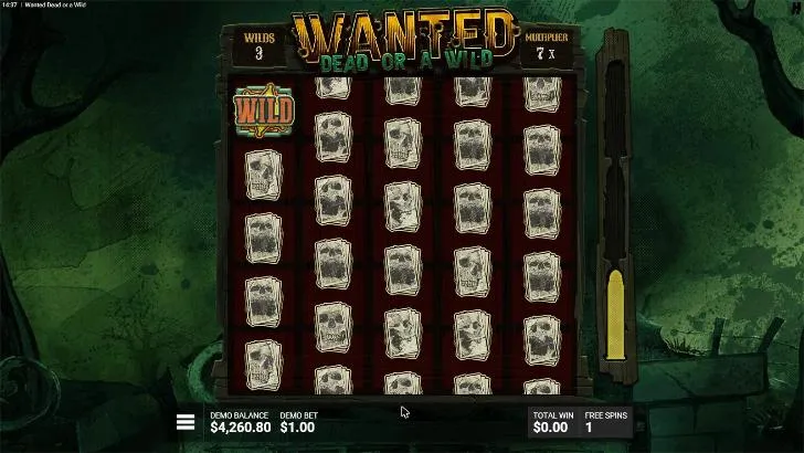 Wanted Dead or a Wild Dead Man's Hand collect phase on a graveyard: skull cards, one WILD, and counters reading WILDS 3 and MULTIPLIER 7x