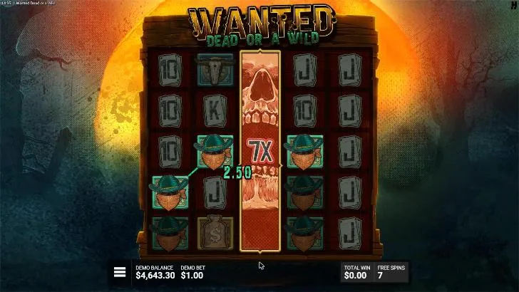 Wanted Dead or a Wild Duel at Dawn free spin: reel 3 expanded into a wild skull reel at 7X, with a $2.50 line of bandits through it