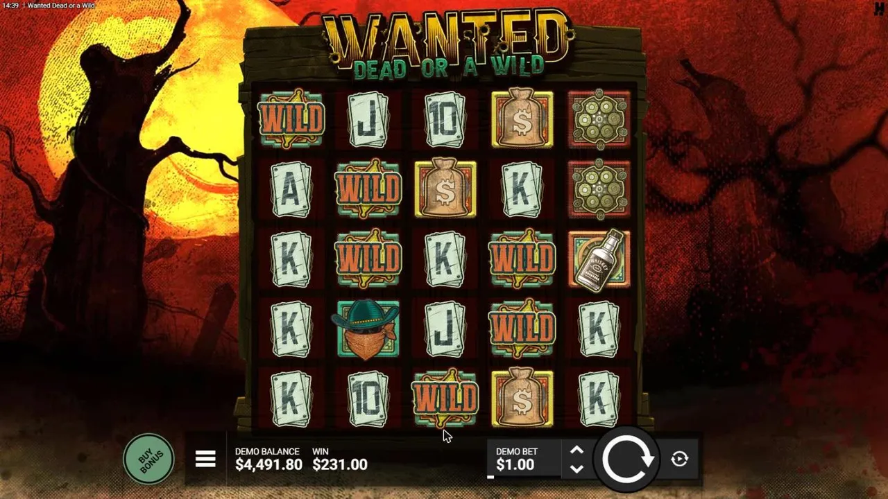 Wanted Dead or a Wild board after our $400 Dead Man's Hand buy: six WILD symbols on the grid, WIN $231.00, DEMO BALANCE $4,491.80