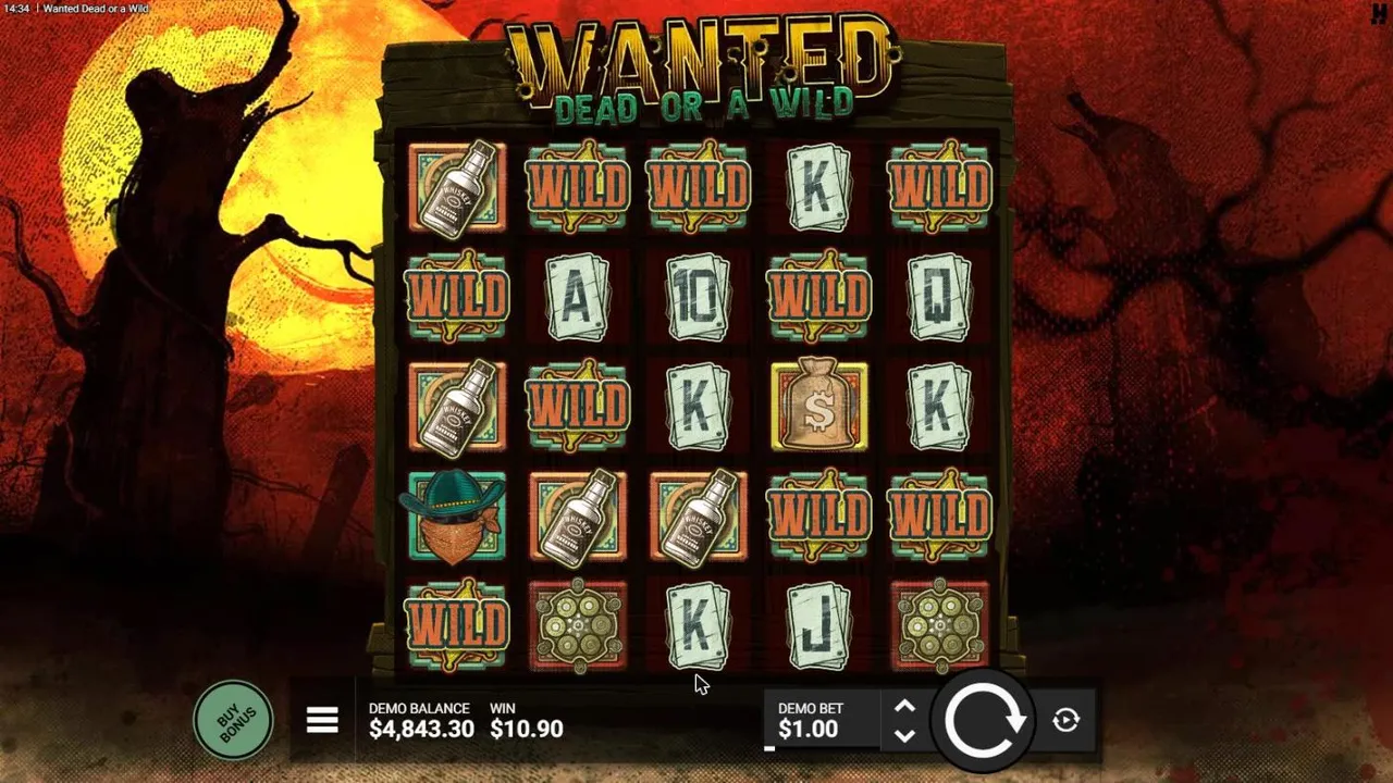 Wanted Dead or a Wild board after our $80 Great Train Robbery buy: sticky wilds left across the grid, WIN $10.90, DEMO BALANCE $4,843.30