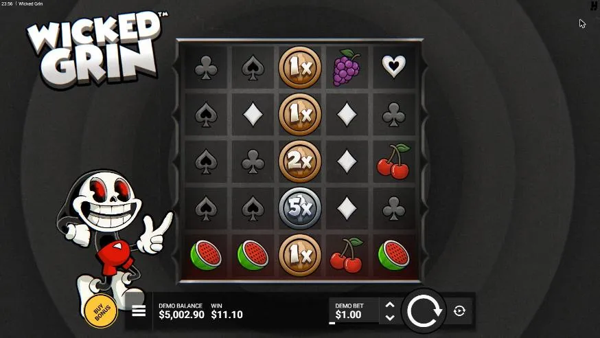 Wicked Grin base spin 21 at a $1 bet, settled: reel 3 turned into bronze coins and a silver 5x beside Boney Bill, WIN $11.10