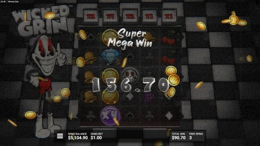 Wicked Grin Stash N Stack free spin 4: a x4 multiplier lifted coins to gold and a diamond under SUPER MEGA WIN 156.70