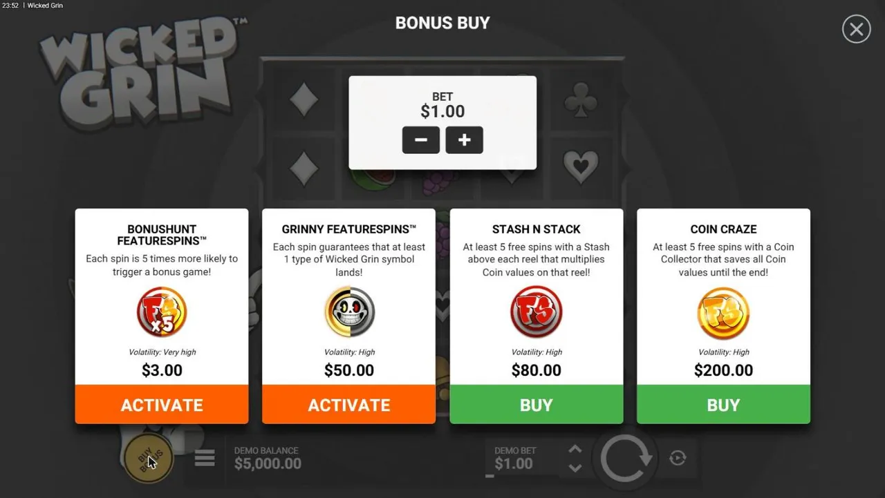 Wicked Grin buy menu at a $1 bet: BonusHunt FeatureSpins $3, Grinny FeatureSpins $50, Stash N Stack $80 and Coin Craze $200