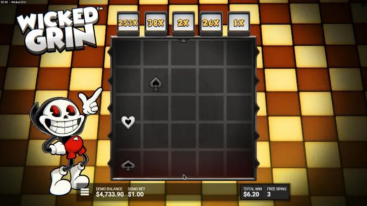 Wicked Grin Coin Craze on an orange checkerboard: Coin Collectors at 253x, 38x, 2x, 26x and 1x above the grid, TOTAL WIN $6.20