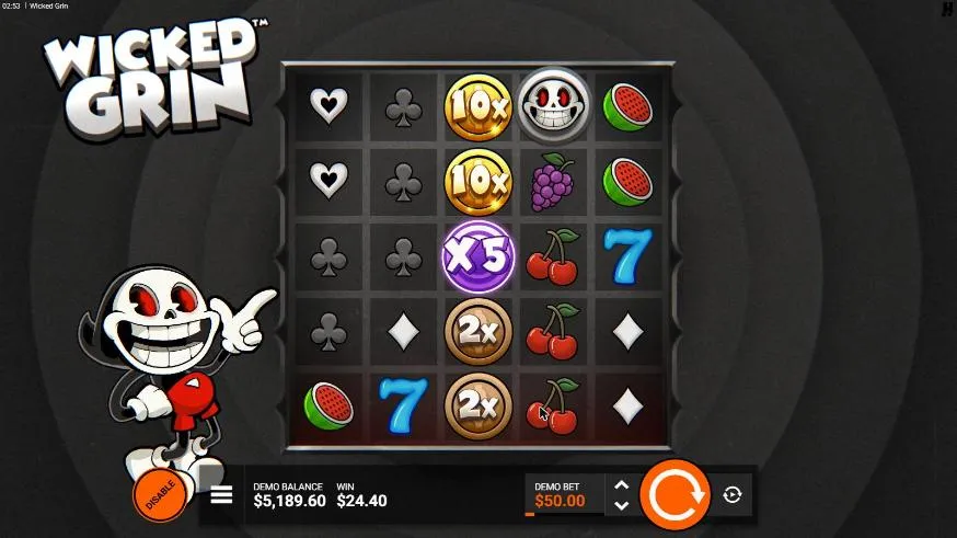 Wicked Grin Grinny FeatureSpins spin 10 at a $50 bet, settled: reel 3 turned into gold 10x coins, a x5 and bronze coins, WIN $24.40