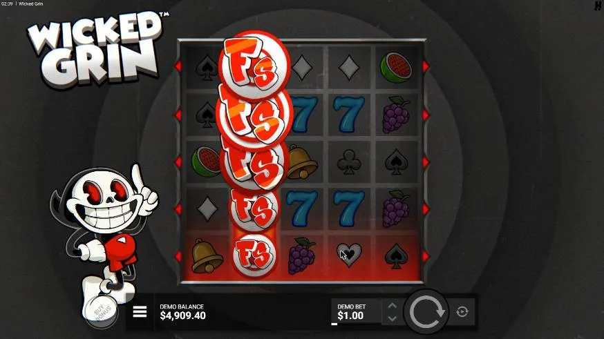 Wicked Grin Stash N Stack buy: an FS symbol climbs reel 2 as a column of five FS coins over a grey grid of suits and fruit