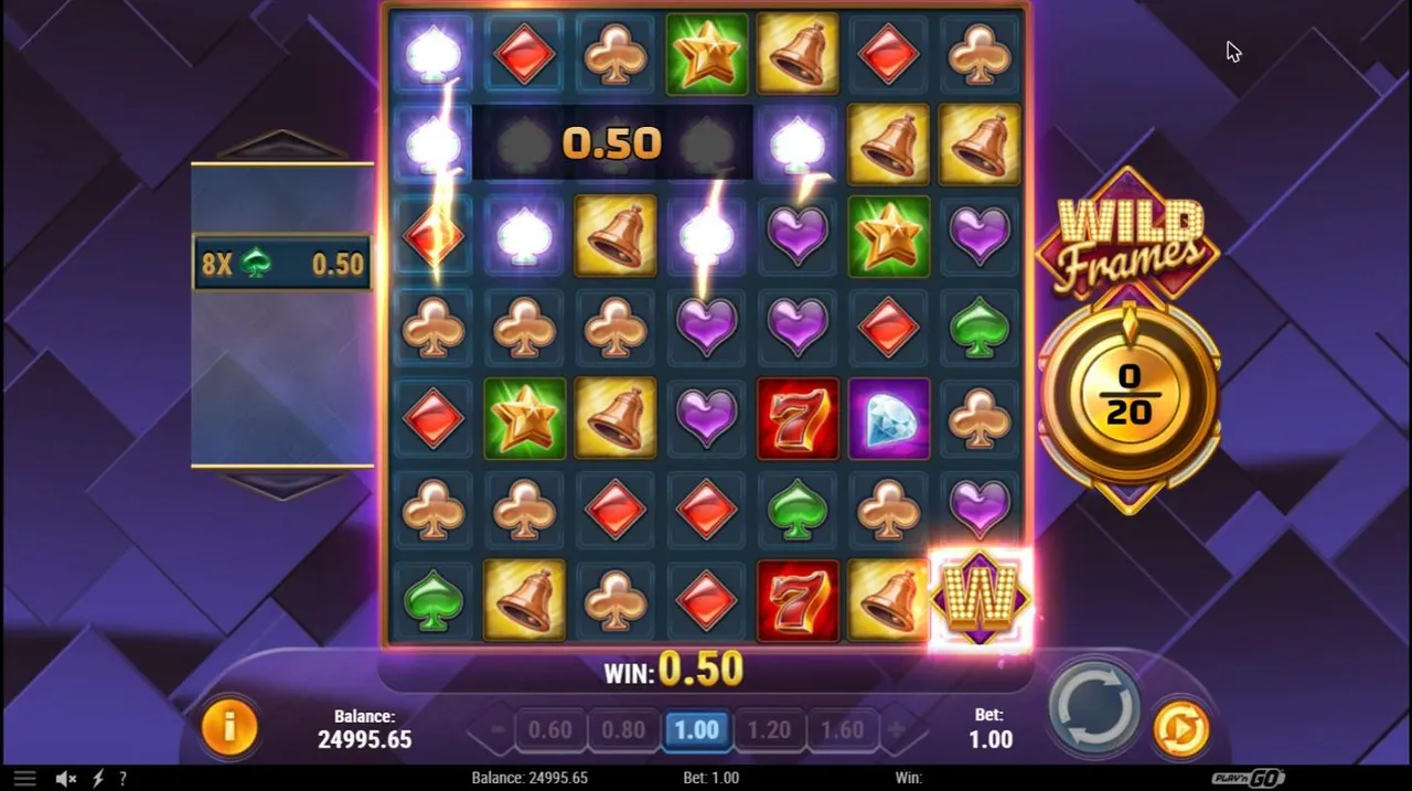 Wild Frames base spin 14 at a $1 bet: an 8-spade cluster labelled 0.50 being removed, a wild in the bottom corner, Charge Meter at 0 of 20