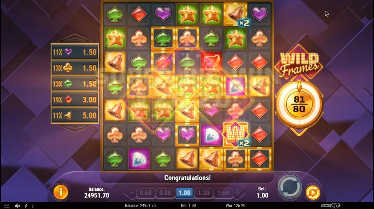Wild Frames end of base spin 77 at a $1 bet: the SUPER BIG WIN banner fading over gold frames, Congratulations, Win 126.20 in the status bar