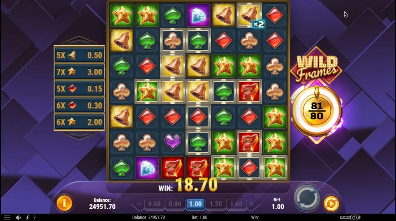 Wild Frames base spin 77 at a $1 bet mid-round: the Charge Meter at 81 of 80, framed 7s, stars and bells across the grid, one x2 frame