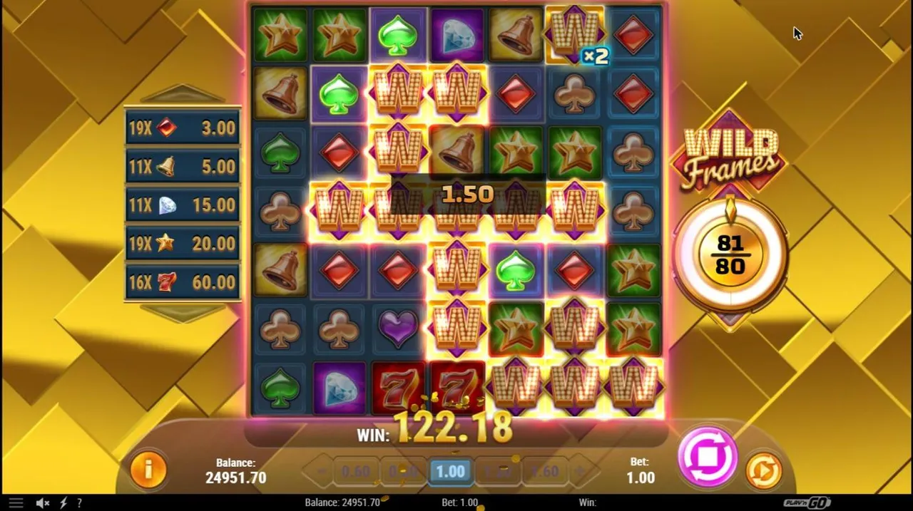 Wild Frames spin 77 at a $1 bet during the Wild Frames feature: framed positions turned into W wilds, meter at 81 of 80, cluster list