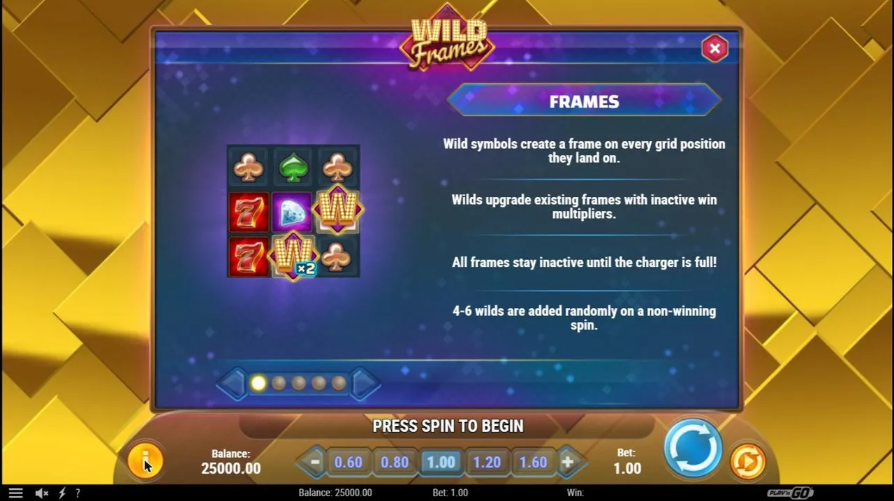 Wild Frames paytable page on frames: a wild leaving a frame and an x2 frame, all frames inactive until the charger is full, 4 to 6 wilds