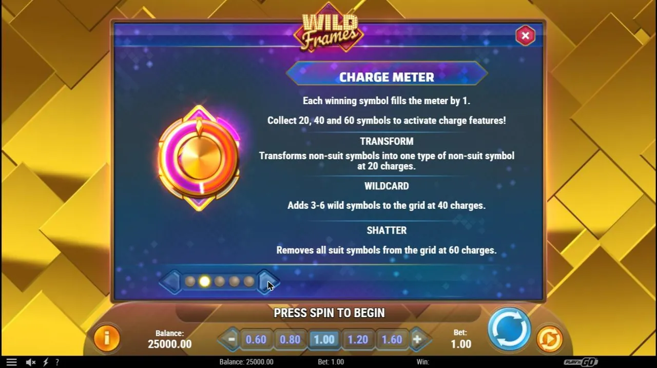 Wild Frames Charge Meter paytable page: one charge per winning symbol, Transform at 20, Wildcard at 40 and Shatter at 60 charges