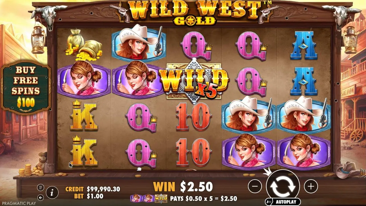 Wild West Gold base game at a $1 bet: a WILD x5 sheriff's badge on reel 3 joining two knife-wielding cowgirls on a line, WIN $2.50