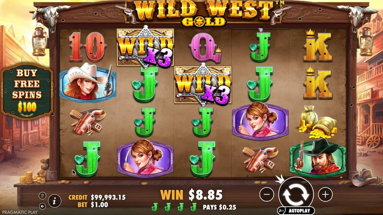Wild West Gold spin 21 at a $1 bet, settled: two WILD x3 badges on reels 2 and 3 among green Js and cowgirls, WIN $8.85