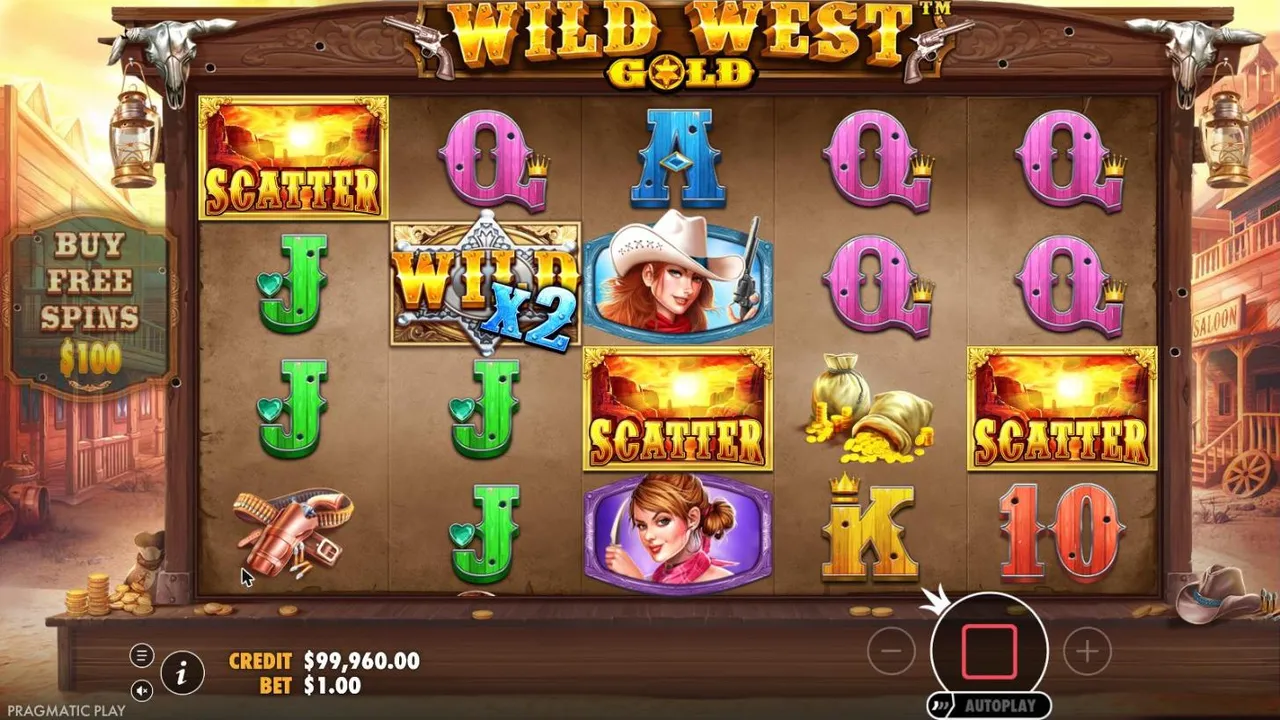 Wild West Gold free spins trigger on spin 79 at a $1 bet: canyon-sunset scatters on reels 1, 3 and 5 and a WILD x2 badge on reel 2