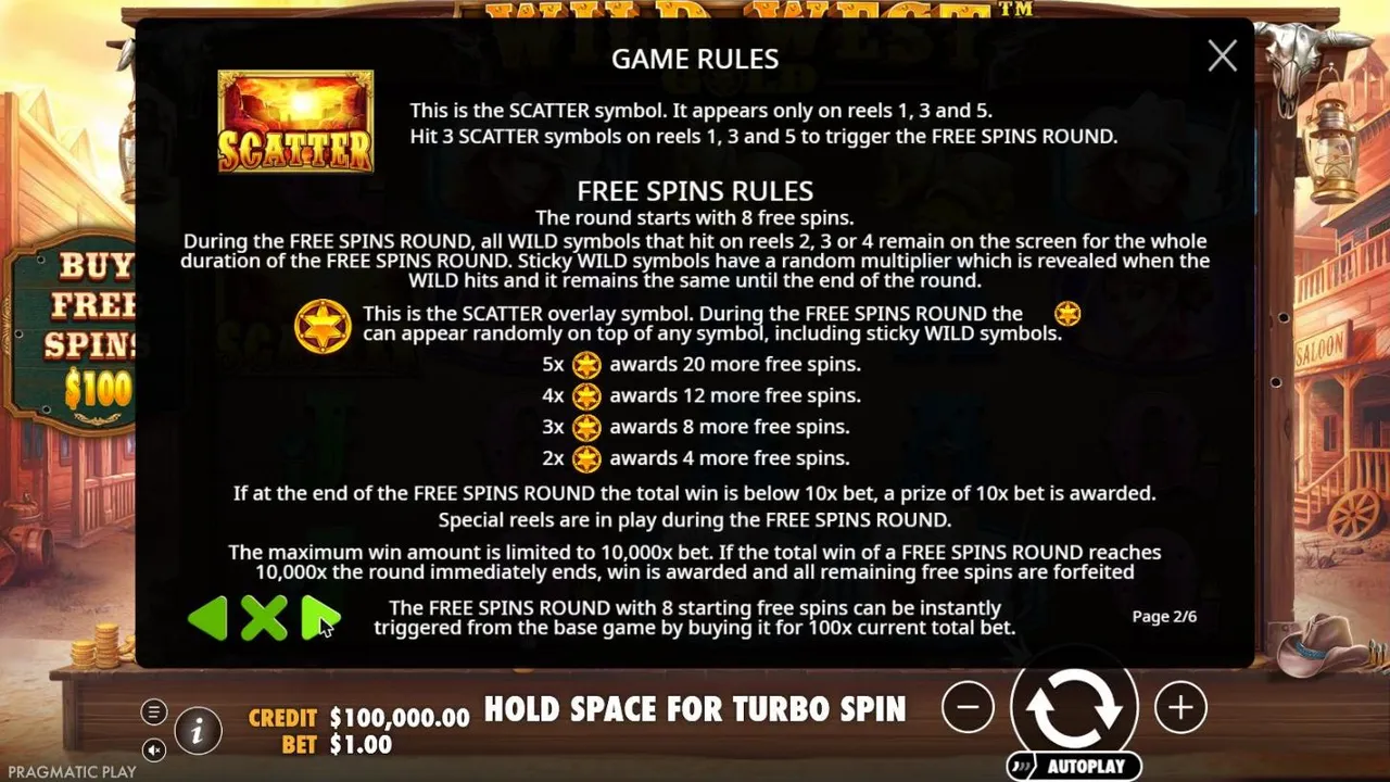 Wild West Gold rules page 2: 8 free spins with sticky wilds, sheriff-star overlays for 4 to 20 more spins, the 10x minimum and 10,000x cap