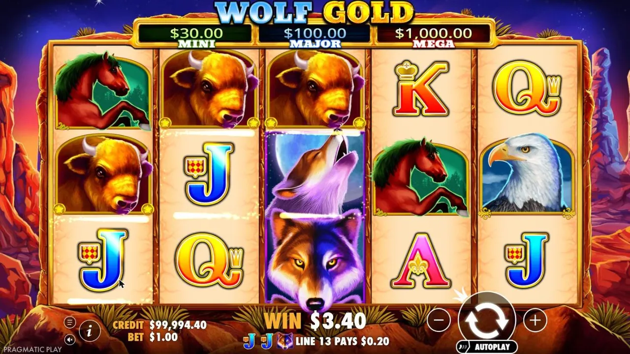 Wolf Gold base game at a $1 bet: a howling wolf wild stacked on reel 3 among buffalo, horses and an eagle, with jackpots of $30, $100 and $1,000