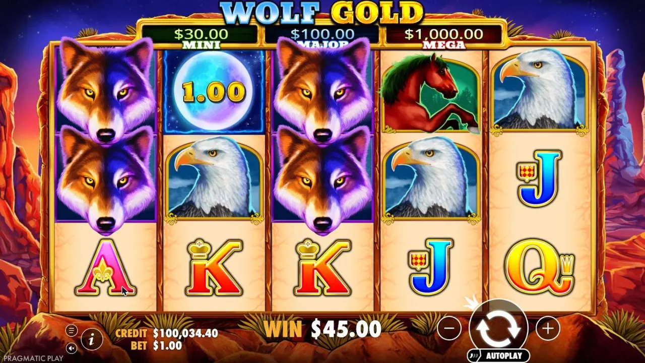 Wolf Gold spin 17 at a $1 bet, settled: wolf wilds stacked on reels 1 and 3 with eagles on reels 2, 4 and 5, WIN $45.00
