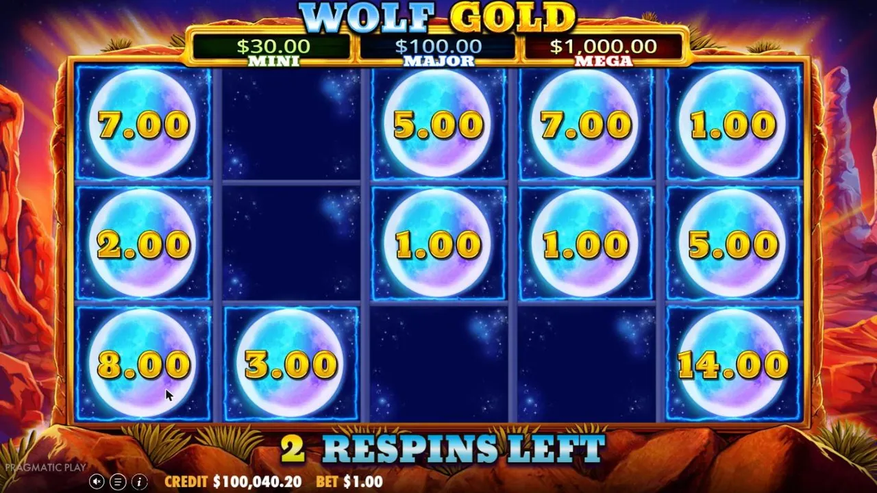 Wolf Gold Money Respin from spin 48 with 2 respins left: eleven moons from $1 to $14 and four empty spaces short of the $1,000 Mega