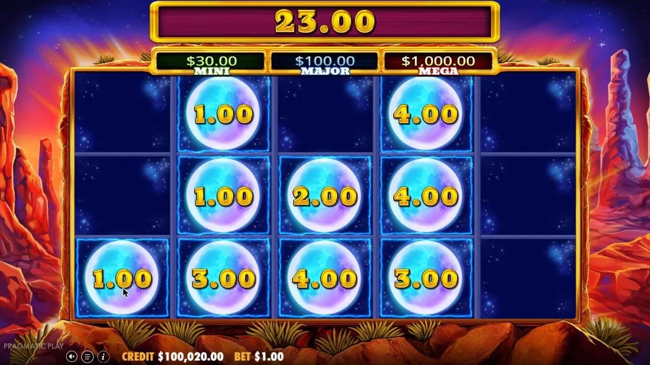 Wolf Gold Money Respin from spin 43 at a $1 bet: nine full moons worth $1 to $4 on a night-sky grid, the tally at the top reading 23.00