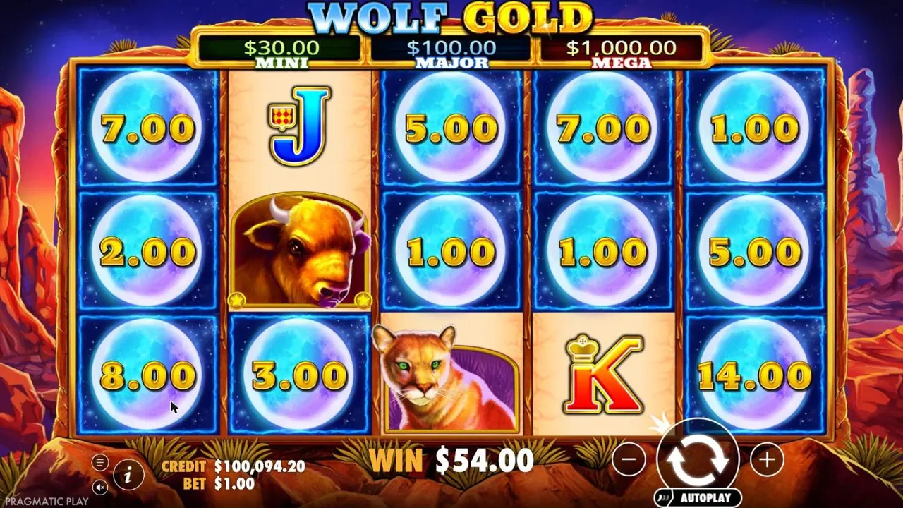 Wolf Gold board after the spin 48 Money Respin at a $1 bet: eleven moons beside a J, a buffalo, a cougar and a K, WIN $54.00