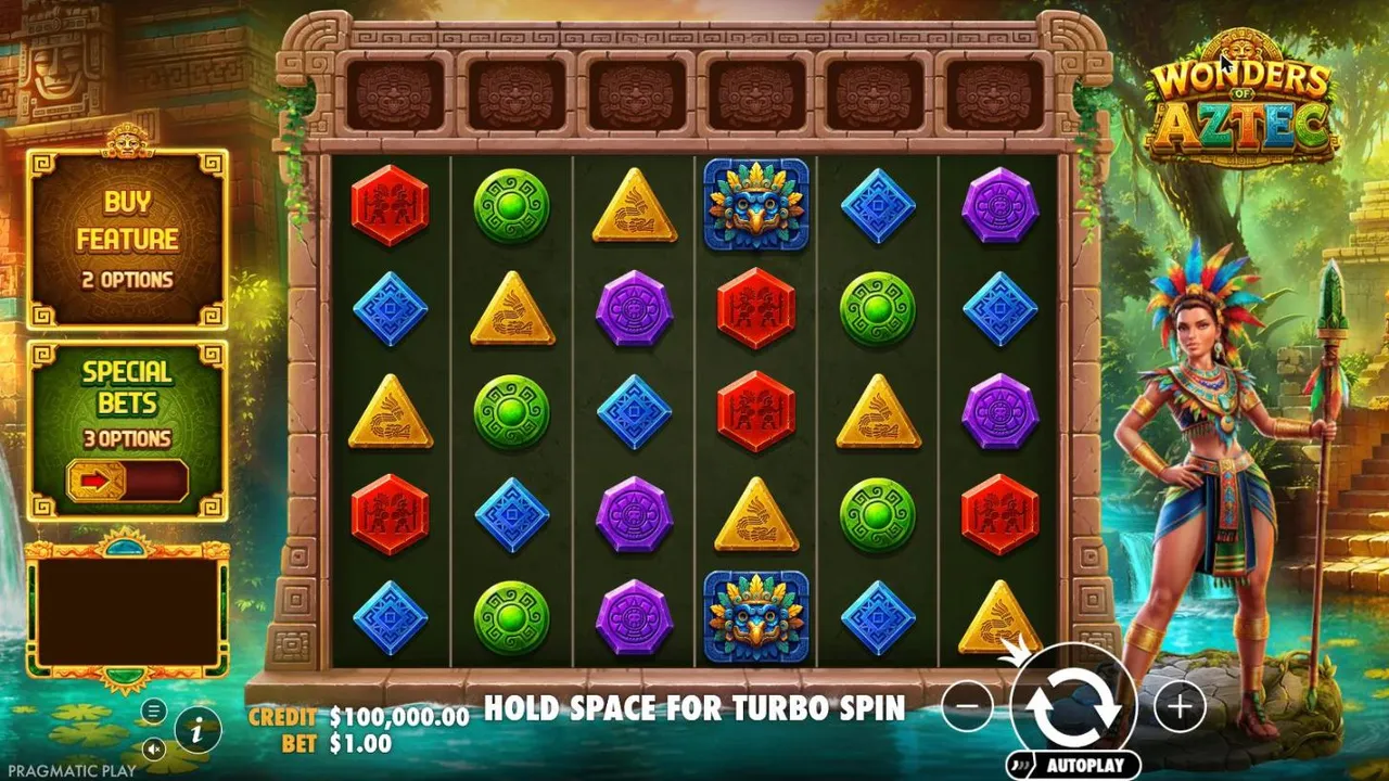 Wonders of Aztec base game at a $1 bet: a 6x5 grid of gems and feathered masks under a row of six empty multiplier slots in a jungle temple