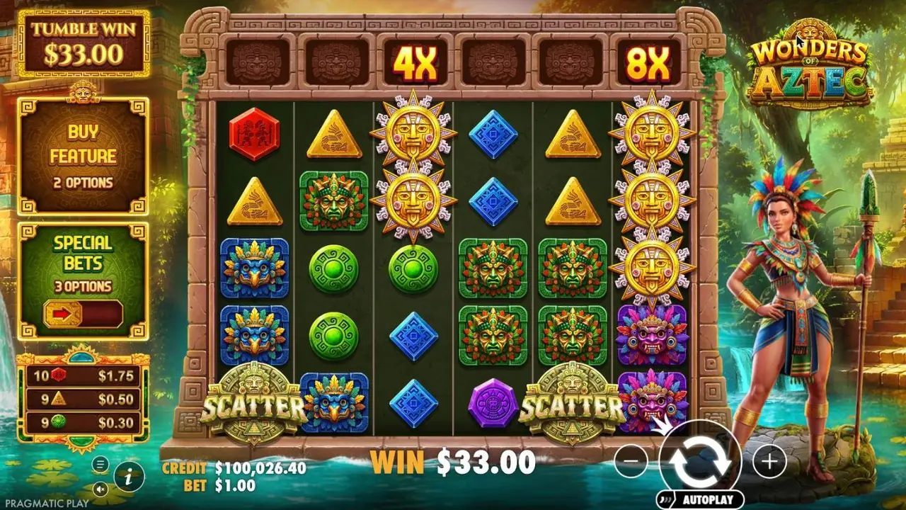 Wonders of Aztec spin 10 at a $1 bet, settled: bombs built 4X above reel 3 and 8X above reel 6, TUMBLE WIN $33.00 and WIN $33.00