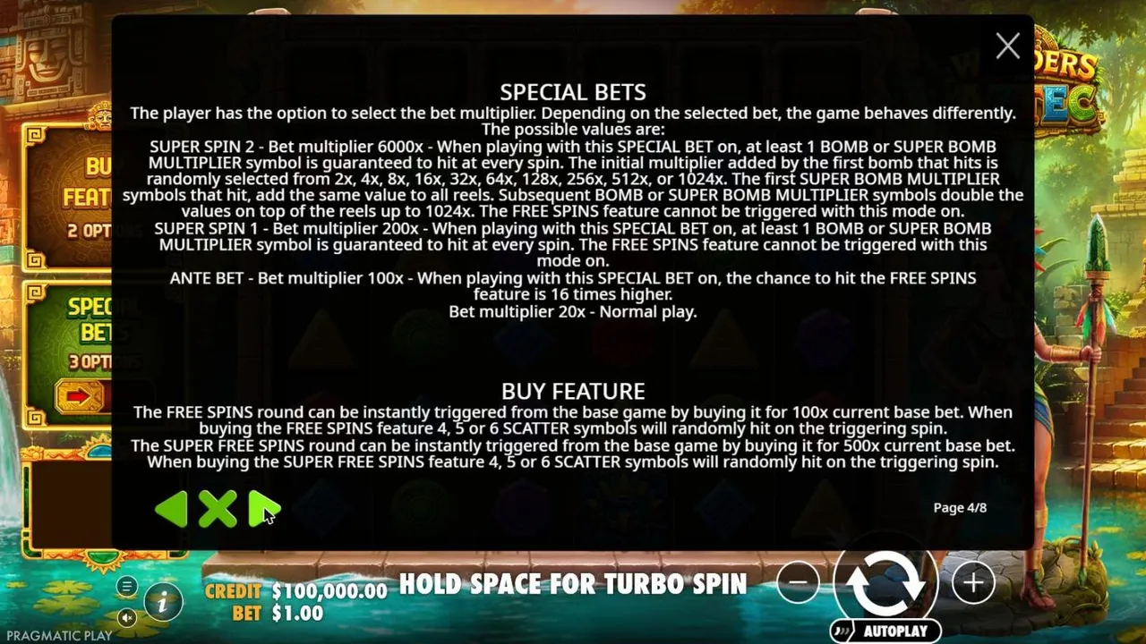 Wonders of Aztec rules page for the special bets: Super Spin 2 bombs from 2x to 1,024x, Super Spin 1, the ante and the two buys