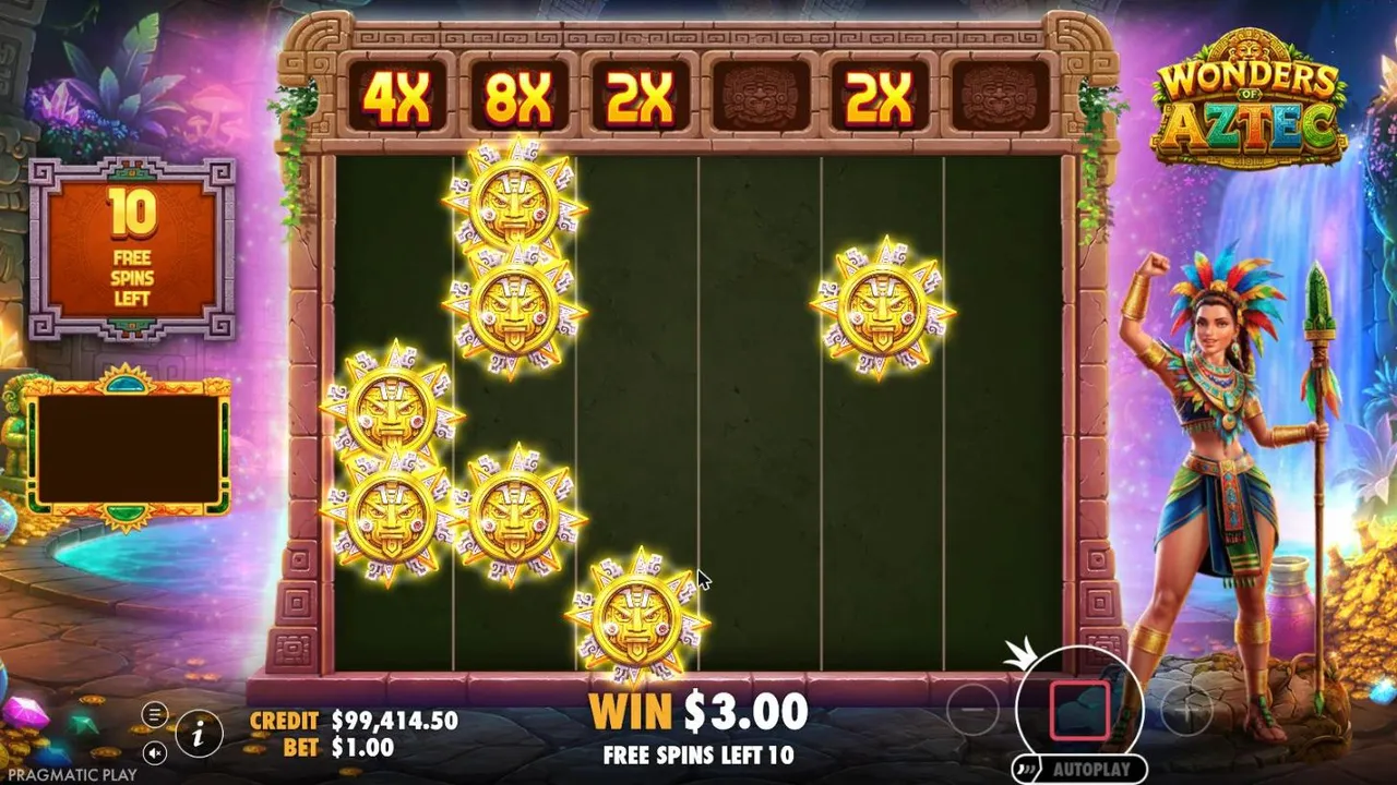 Wonders of Aztec Super Free Spins opening with seven gold sun bombs on an empty grid and 4X, 8X, 2X and 2X above reels 1, 2, 3 and 5