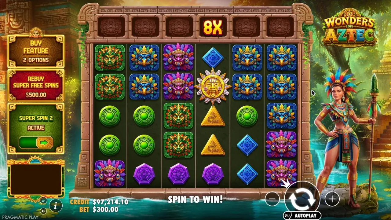 Wonders of Aztec last Super Spin 2 spin at a $300 bet: a bomb on reel 4 with 8X above it but no symbol win, SPIN TO WIN and CREDIT $97,214.10
