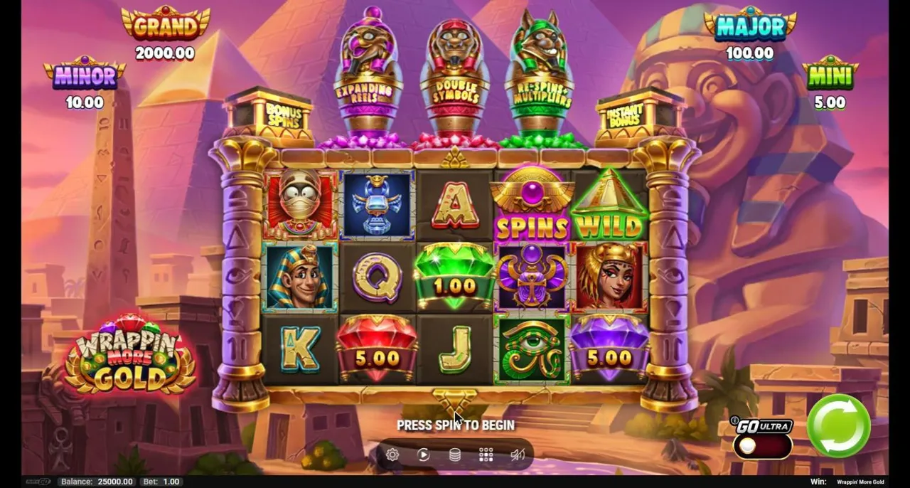 Wrappin' More Gold main game at $1 before spin 1: the three feature pots, Bonus Spins and Instant Bonus chests, jackpots and scatter gems