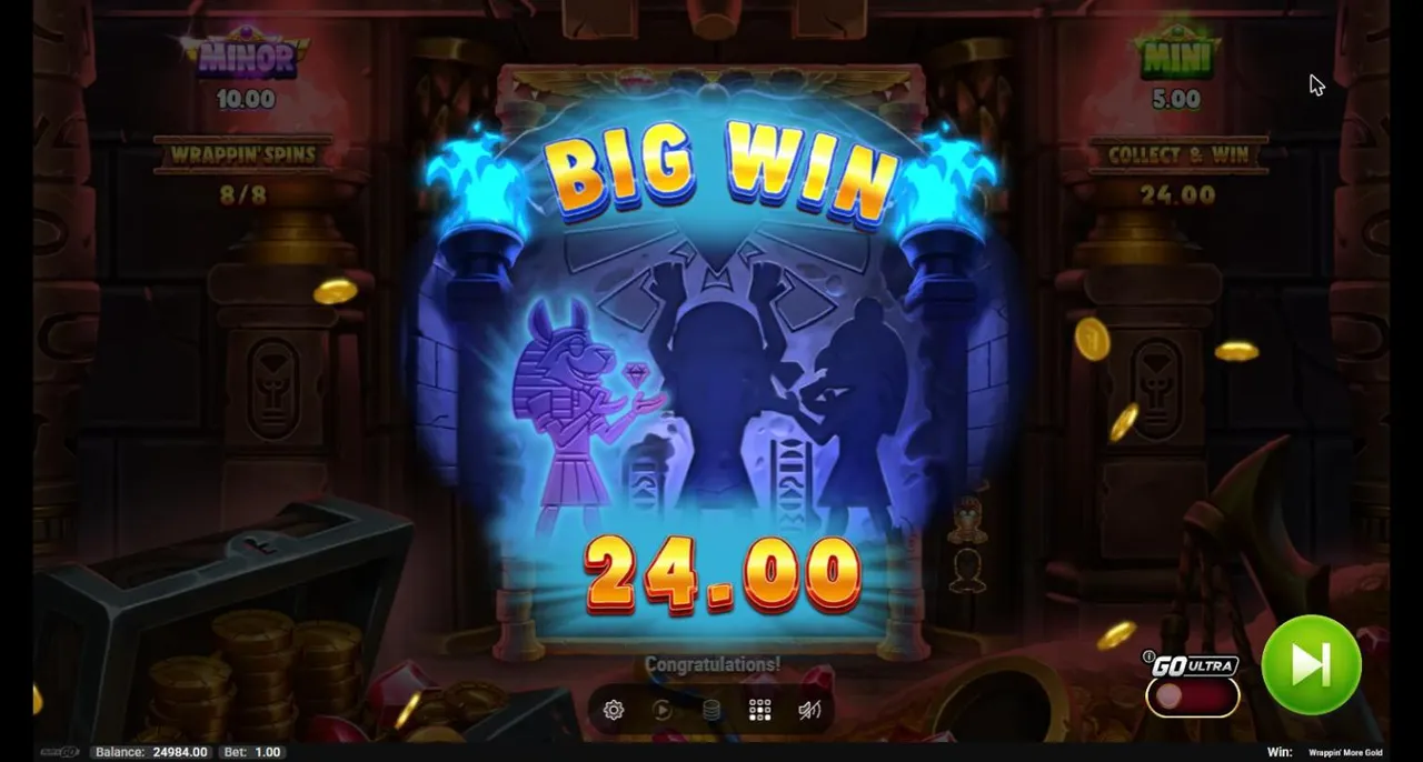 Wrappin' More Gold Collect & Win from base spin 18 at $1: BIG WIN 24.00, Wrappin' Spins 8/8, Collect & Win 24.00, Minor and Mini