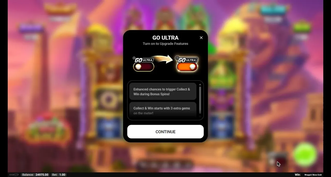 Wrappin' More Gold GO Ultra panel: turn on to upgrade features, better Collect & Win chances in Bonus Spins, 3 extra gems on the meter