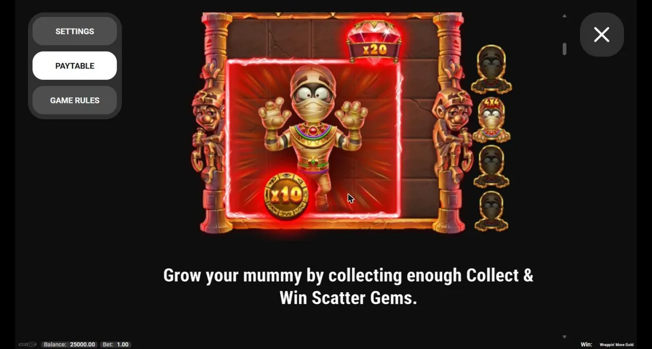 Wrappin' More Gold paytable page on the growing mummy: a x10 coin in the mummy area, a x20 gem and the 3x3 to 5x5 growth trail