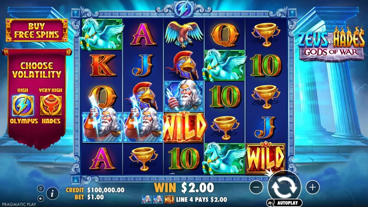 Zeus vs Hades - Gods of War in Olympus mode at a $1 bet: marble columns, two Zeus and a WILD on line 4, LINE 4 PAYS $2.00