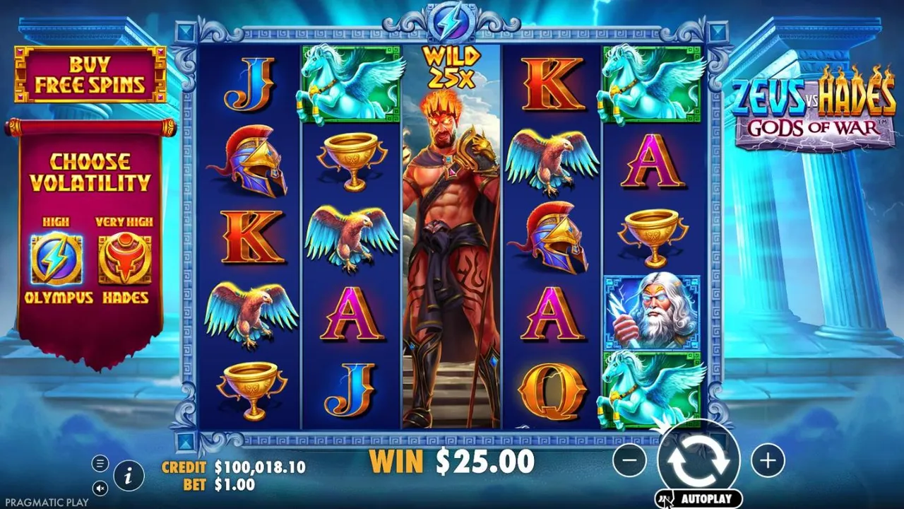 Zeus vs Hades - Gods of War spin 15 at a $1 bet in Olympus, settled: an expanding wild showing Hades on reel 3, WILD 25x, WIN $25.00