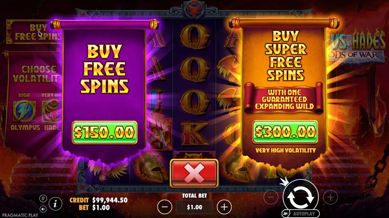 Zeus vs Hades - Gods of War buy menu in Hades mode at a $1 bet: BUY FREE SPINS $150.00 and BUY SUPER FREE SPINS $300.00