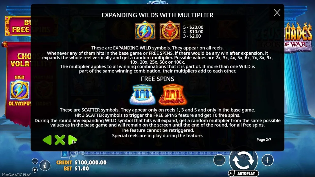 Zeus vs Hades - Gods of War rules page 2: expanding wilds with 2x to 100x multipliers and 10 free spins with sticky wilds